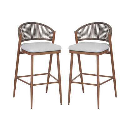Outdoor 30.25" Seat Height Aluminum Frame Barstools with PE Rattan Scallop-shaped Backrest, Set of 2, Teak Finish