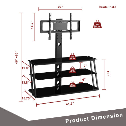 Black Height & Angle Adjustable Tempered Glass TV Stand with Cable Management for 32-65 Inch TV