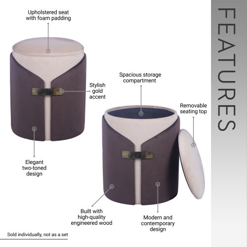 Brown Two-Toned Storage Ottoman with Gold Accents, Multiuse Vanity Stool 14.5 inchx14.5 inchx17.5 inchH, 265 LBS