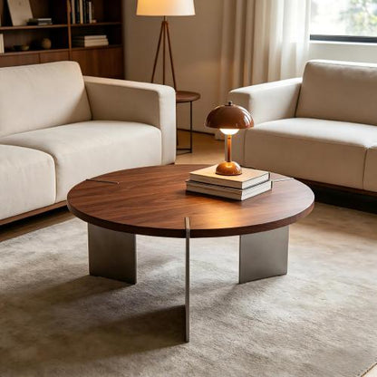 Round Coffee Table, Walnut Wood Top with Black Metal Feet, Eco-Friendly Formaldehyde-Free Accent Table