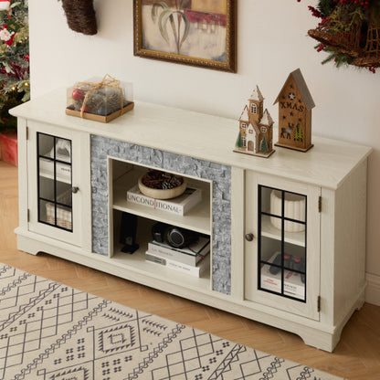 Modern 65 Inch TV Stand with Faux Stone Cabinet White Media Console
