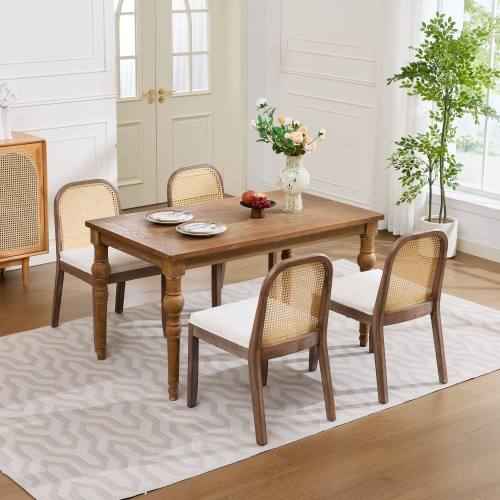 Set of 2 Beige Curved Arched Cane Back Farmhouse Dining Chairs, Distressed Solid Wood Frame S-Spring Chenille Cushion