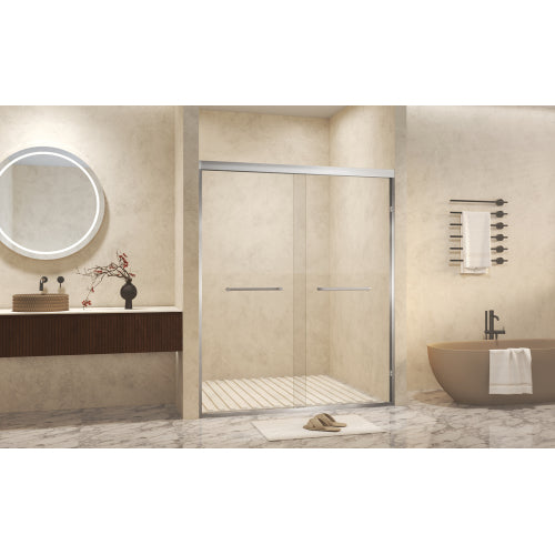 50-54 " x 72" Tempered Glass with Explosion Proof Film, Aluminum Frame Double Sliding Shower Door, "1/4 (6 mm), Stainless Steel handle,Brushed Nickel