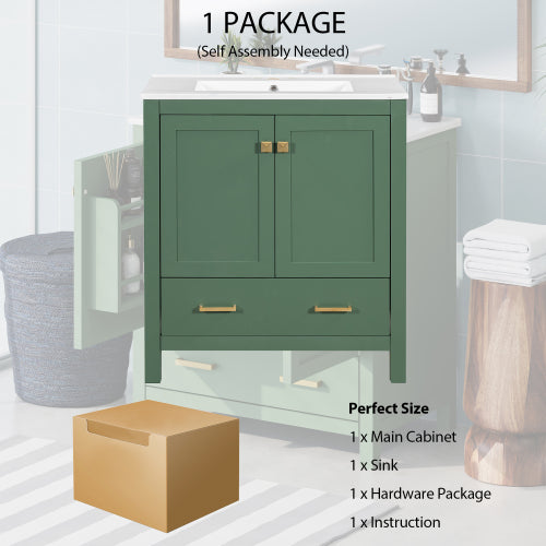 30 Inch Green Bathroom Vanity with Single Sink, Combination Under Counter Sink, Bathroom Storage Cabinet with 2 Doors and a Drawer, Soft Closure, Multifunctional Storage(WF324043)