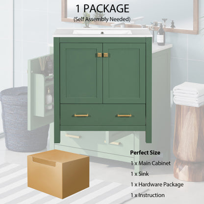 30 Inch Green Bathroom Vanity with Single Sink, Combination Under Counter Sink, Bathroom Storage Cabinet with 2 Doors and a Drawer, Soft Closure, Multifunctional Storage(WF324043)