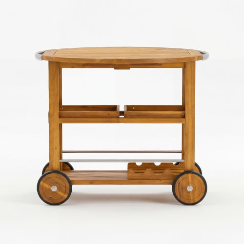 Outdoor Acacia Wood Bar Cart with Foldable Tabletop & Removable Trays, 35.5 inch Rolling Serving Cart for Patio, Deck & Backyard