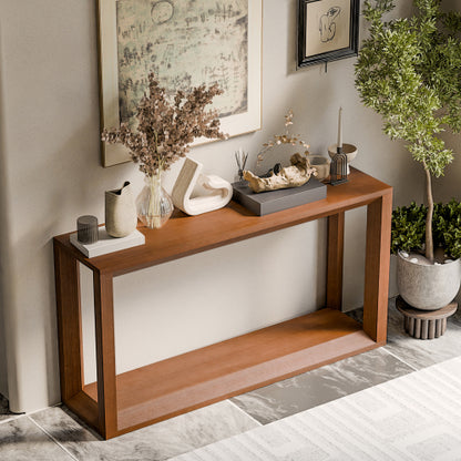 60 inch Rectangular Solid Wood Veneer Console Table, Wide Sofa Table,  Behind Couch Table with Ample Storage for Entryway & Living Room, Dark Brown