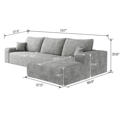 107" Cloud Sectional Couch with L-Shape Chaise,Modern Modular Sofa with Deep Seat, Upholstered Couches for Living Room Bedroom,No Assembly Required, Grey(Plush Corduroy Fabric)