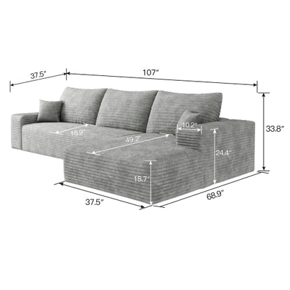 107" Cloud Sectional Couch with L-Shape Chaise,Modern Modular Sofa with Deep Seat, Upholstered Couches for Living Room Bedroom,No Assembly Required, Grey(Plush Corduroy Fabric)