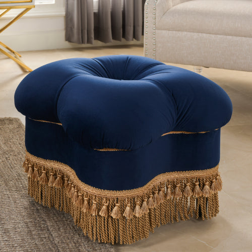 Clover Ottoman Velvet Upholstered Accent Bench with Gold Bullion Fringe