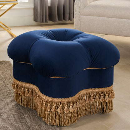 Clover Ottoman Velvet Upholstered Accent Bench with Gold Bullion Fringe