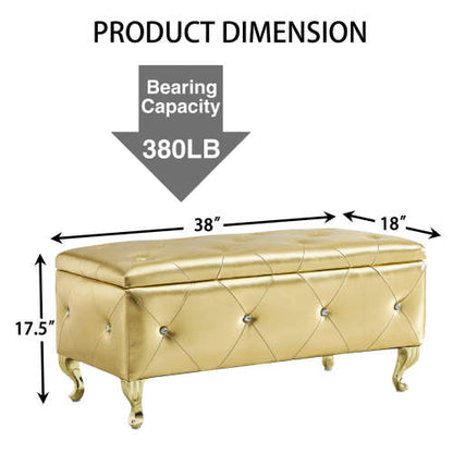 Gold Faux Leather Storage Ottoman Bench with Crystal Buttons, Metal Legs 380 LBS Capacity for Bedroom Entryway