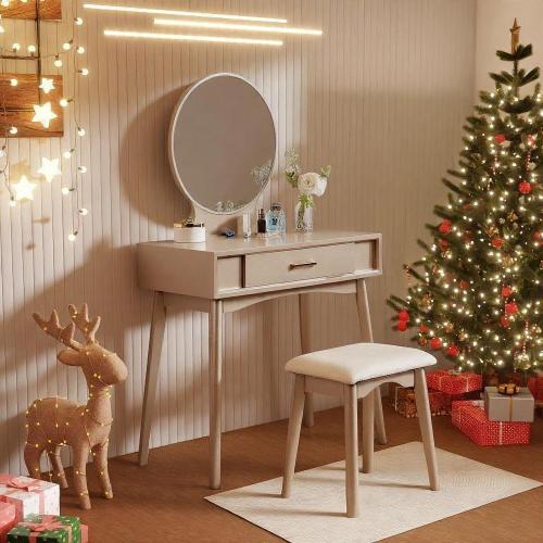 Contemporary Gold Wood Vanity Table & Stool Set, Round Mirror, Solid Rubberwood Frame