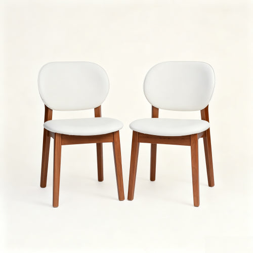 Rubberwood Dining Chairs with PU Cushions, Set of 2, Cream White/Walnut