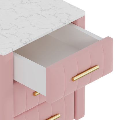 Upholstered Wooden Nightstand with 3 Drawers and Metal Legs&Handles, Bedside Table with Marbling Stickers Worktop - Pink