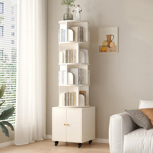 White 5-Tier Rotating Bookshelf with Double Door Drawer, Slim Wooden Corner Storage Cabinet for Home