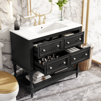 36" Bathroom Vanity Cabinet with Sink Combo Set, Undermount Ceramic Sink, Free Standing Vanity Set with 4 Drawers, Solid Wood Frame Bathroom Cabinet, Black