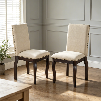 Set of 2 Upholstered Dining Chairs with Rubber Wood Frame, Nailhead Trim, 37.75inch  High Back, Espresso