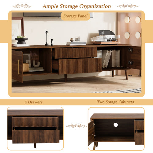 70.8 Inch Walnut Mid-Century Wood Grain TV Stand 2 Drawer Media Console Up To 80 Inch TV