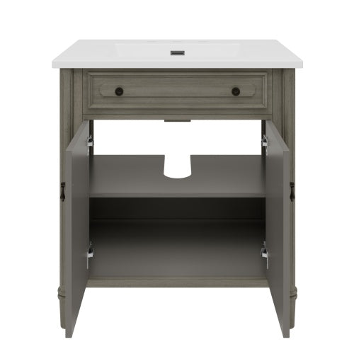 31" Vintage Bathroom Vanity with Sink, Rustic Bathroom Cabinet with Soft Close Doors and Adjustable Shelf, Curved Profile Design, Rubber Wood Legs, Gray