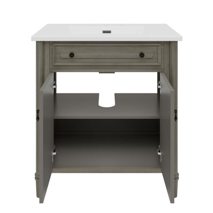 31" Vintage Bathroom Vanity with Sink, Rustic Bathroom Cabinet with Soft Close Doors and Adjustable Shelf, Curved Profile Design, Rubber Wood Legs, Gray