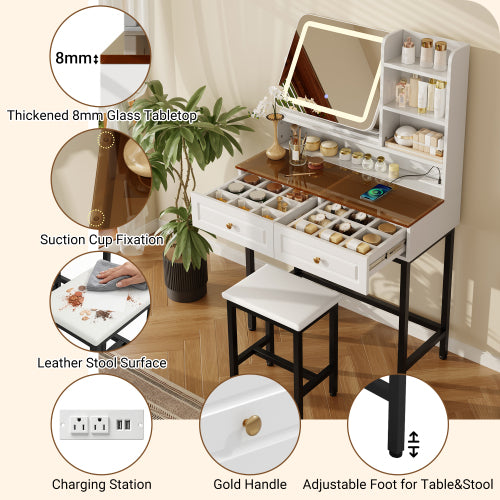 White Amber Glass Vanity Desk, 360° Rotatable LED Mirror, USB?AC Power Outlet, Metal Legs & PU Stool