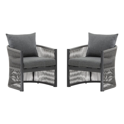 [Set of 2] Modern Gray Curved Aluminum Lounge Chair with Stylish Rope-Weave Design and Cushioned Comfort, Perfect for Outdoor Living