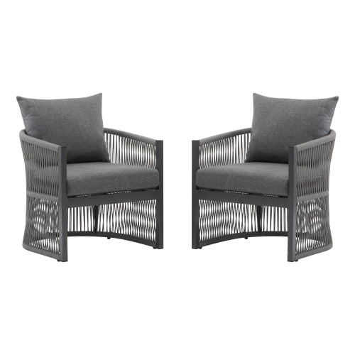 [Set of 2] Modern Gray Curved Aluminum Lounge Chair with Stylish Rope-Weave Design and Cushioned Comfort, Perfect for Outdoor Living