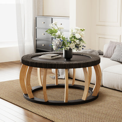 35.43inch  Vintage Rattan Round Coffee Table, Solid Wood Curved Leg Boho Table, Black Brown, 110lbs Capacity