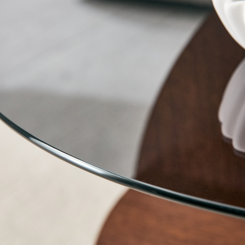 Round Coffee Table with Gray Tempered Glass Top & Fan-Shaped Storage