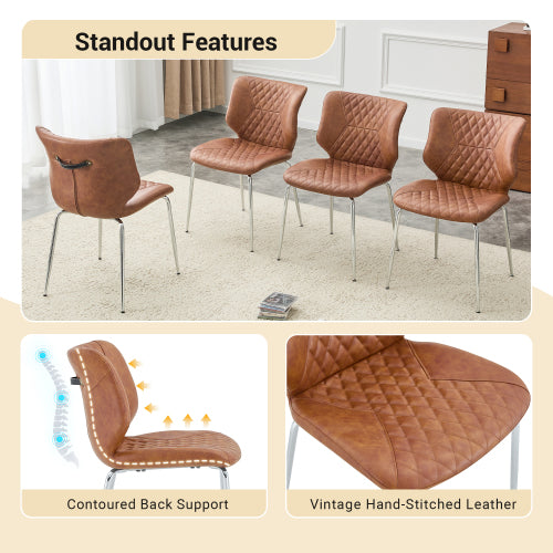 Set of 2 Brown Crazy Horse Oil Wax Leather Dining Chairs, Electroplated Metal Leg Diamond Tuft High Back Chairs