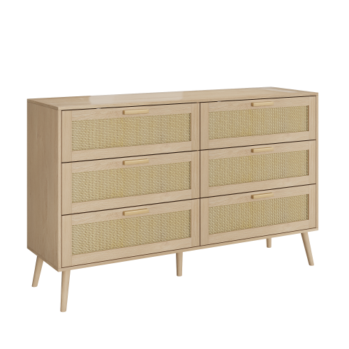 6 Drawers Chest of Dressers for Bedroom, Modern 6 Drawer Dresser, Wide Chest of Drawers with wood Handles, Rattan Dresser Storage Cabinet for Living Room, Bedroom, Hallway