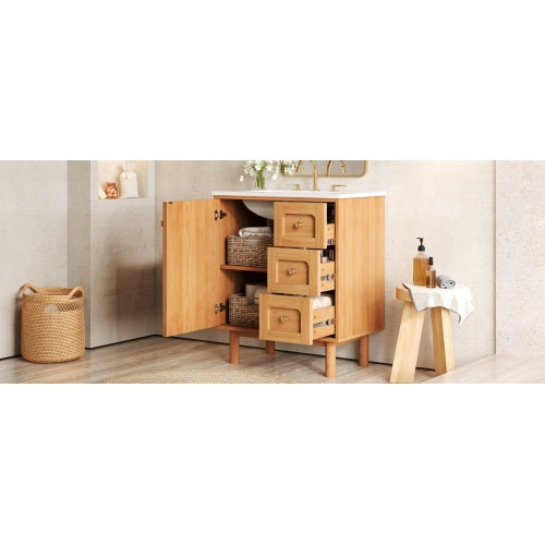 30 Inch Bathroom Vanity with Ceramic Sink, Bathroom Vanity with 3 Drawers, 1 large Soft Closing Door, Farmhouse Bathroom Storage Cabinet , Ideal for Home
