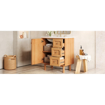 30 Inch Bathroom Vanity with Ceramic Sink, Bathroom Vanity with 3 Drawers, 1 large Soft Closing Door, Farmhouse Bathroom Storage Cabinet , Ideal for Home