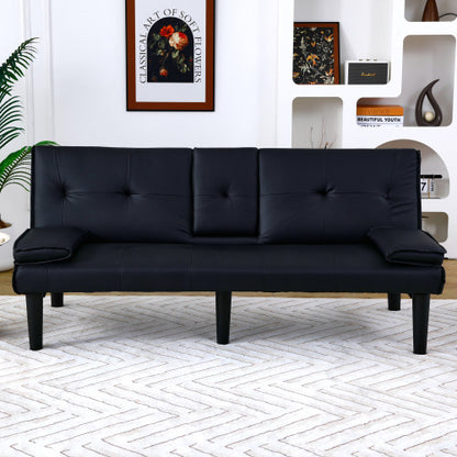 67-Inch Black PVC Multi-Functional Foldable Sofa Bed with Built-In Cup Holder