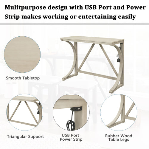 Farmhouse Counter Height Dining Set with USB & Type-C Charging Port, 3-Piece Table and Upholstered Stools, Cream White