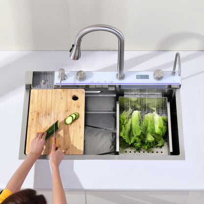 Pull-out Facuet Single Bowl Sink Kitchen Vegetable Sink 304 Whale Waterfall Sink Stainless Steel Dish Sink Vegetable Sink Household Vegetable Washing Basin, Dark Gray
