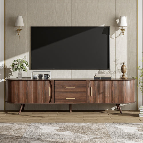 70.8 Inch Dark Brown Mid-Century Sliding Door TV Stand Solid Wood Leg Media Console Fits 80 Inch TV