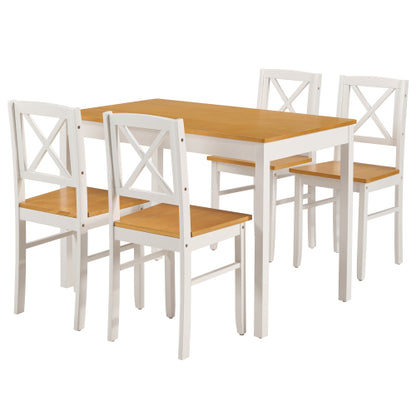 5-Piece Natural White Solid Rubberwood Dining Set, Space-Saving Table & 4 Chairs for Home & Restaurant