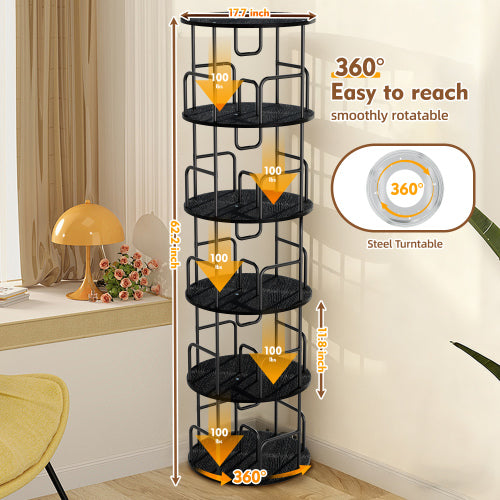 Black 5-Tier 360¡ã Rotating Bookshelf Tower Stable Metal Frame Vertical Round Home Bedroom Storage Rack
