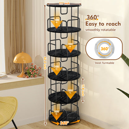 Black 5-Tier 360¡ã Rotating Bookshelf Tower Stable Metal Frame Vertical Round Home Bedroom Storage Rack