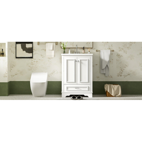 24'' Bathroom Vanity with Ceramic Sink Combo, Modern Freestanding Storage Cabinet with Silver Handles, Soft Closing Doors