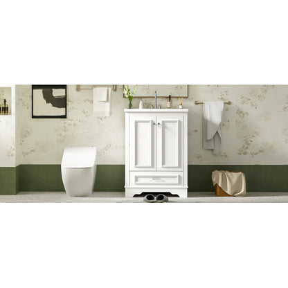 24'' Bathroom Vanity with Ceramic Sink Combo, Modern Freestanding Storage Cabinet with Silver Handles, Soft Closing Doors
