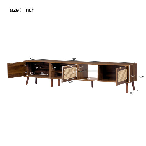78.7 inch Walnut Rattan TV Stand Soft Close Doors Fits 75/80/85 Inch TV