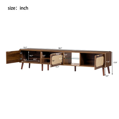 78.7 inch Walnut Rattan TV Stand Soft Close Doors Fits 75/80/85 Inch TV
