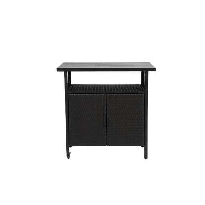 Outdoor Wicker Bar Cart, Patio Wine Serving Cart w/Wheels , Rolling Rattan Beverage Bar Counter Table w/Glass Top for Porch Backyard Garden Poolside Party, Black
