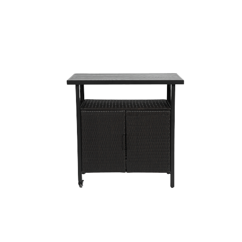 Outdoor Wicker Bar Cart, Patio Wine Serving Cart w/Wheels , Rolling Rattan Beverage Bar Counter Table w/Glass Top for Porch Backyard Garden Poolside Party, Black