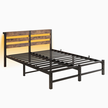 Queen Size  Metal Bed Frame with Wooden Headboard, RGB Lights,Charger, Storage Shelf, Noise-Free, No Box Spring Needed,Rustic Brown