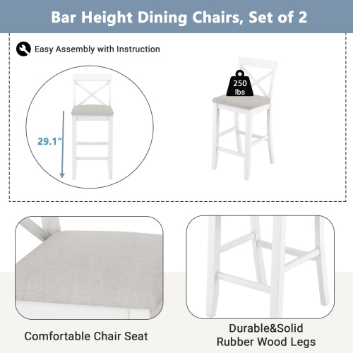 Farmhouse 48inch Rectangular Wood Bar Height Dining Set Kitchen Breakfast Nook with 2 Chairs for Small Places,Brown+White+Beige