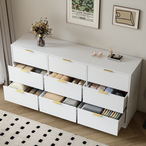White 9 Drawer Dresser, 63" Large Deep Chest of Drawers, Wooden Dresser Storage Cabinet with 9 Drawers for Bedroom, Long Dressers for Living Room, Hallway